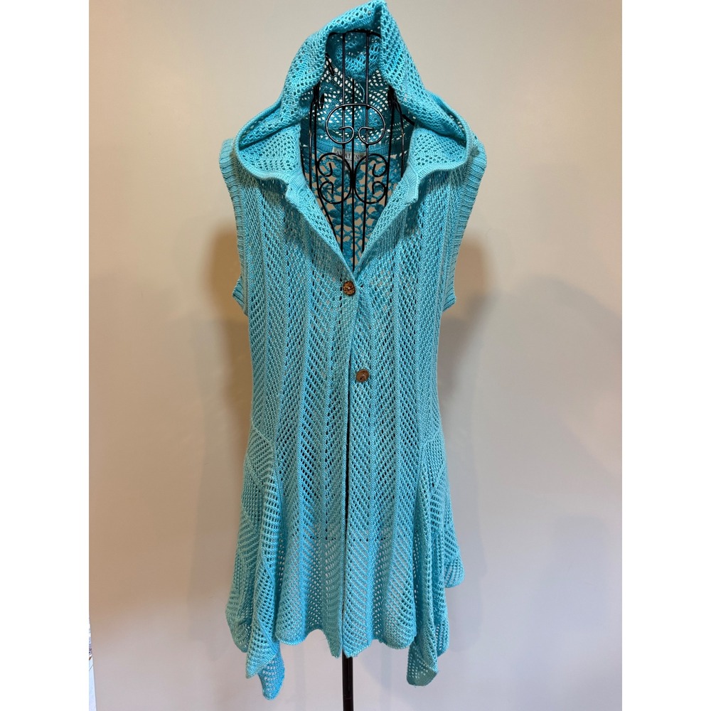 Avalin Womens Turquoise Blue Open Knit Hooded Vest Crochet Back Sharkbite Small‎